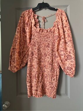 Free People Peach and Rust Smocked Peasant Dress